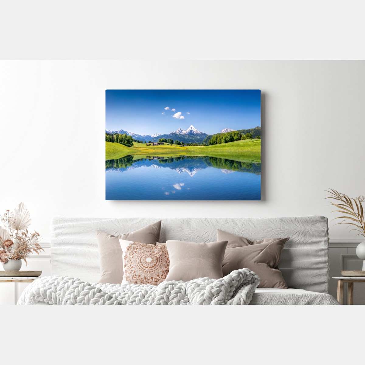 Obraz na płótnie alpejskie szczyty odbite w spokojnym jeziorze – Wallissimo® Obraz na płótnie alpejskie szczyty odbite w spokojnym jeziorze – Wallissimo®