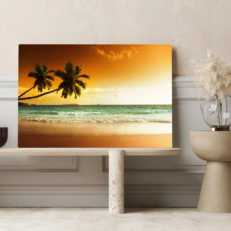 Obraz na płótnie plaża przy zachodzie słońca na Karaibach z palmami – Wallissimo® Obraz na płótnie plaża przy zachodzie słońca na Karaibach z palmami – Wallissimo®