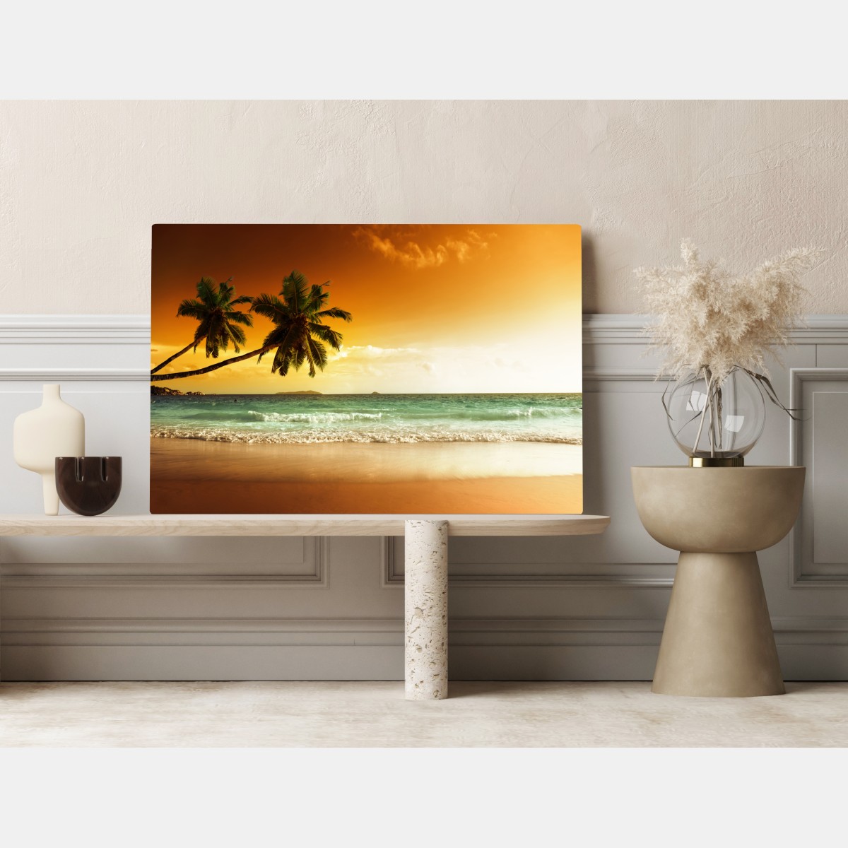 Obraz na płótnie plaża przy zachodzie słońca na Karaibach z palmami – Wallissimo® Obraz na płótnie plaża przy zachodzie słońca na Karaibach z palmami – Wallissimo®