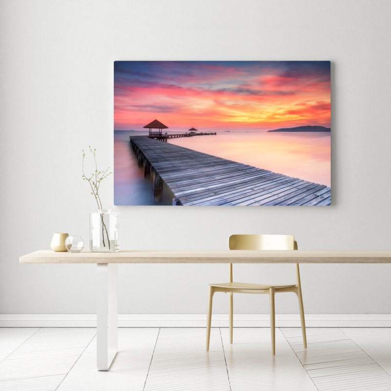 Obraz na płótnie spokojny wschód słońca nad drewnianym molo – Wallissimo® Obraz na płótnie spokojny wschód słońca nad drewnianym molo – Wallissimo®