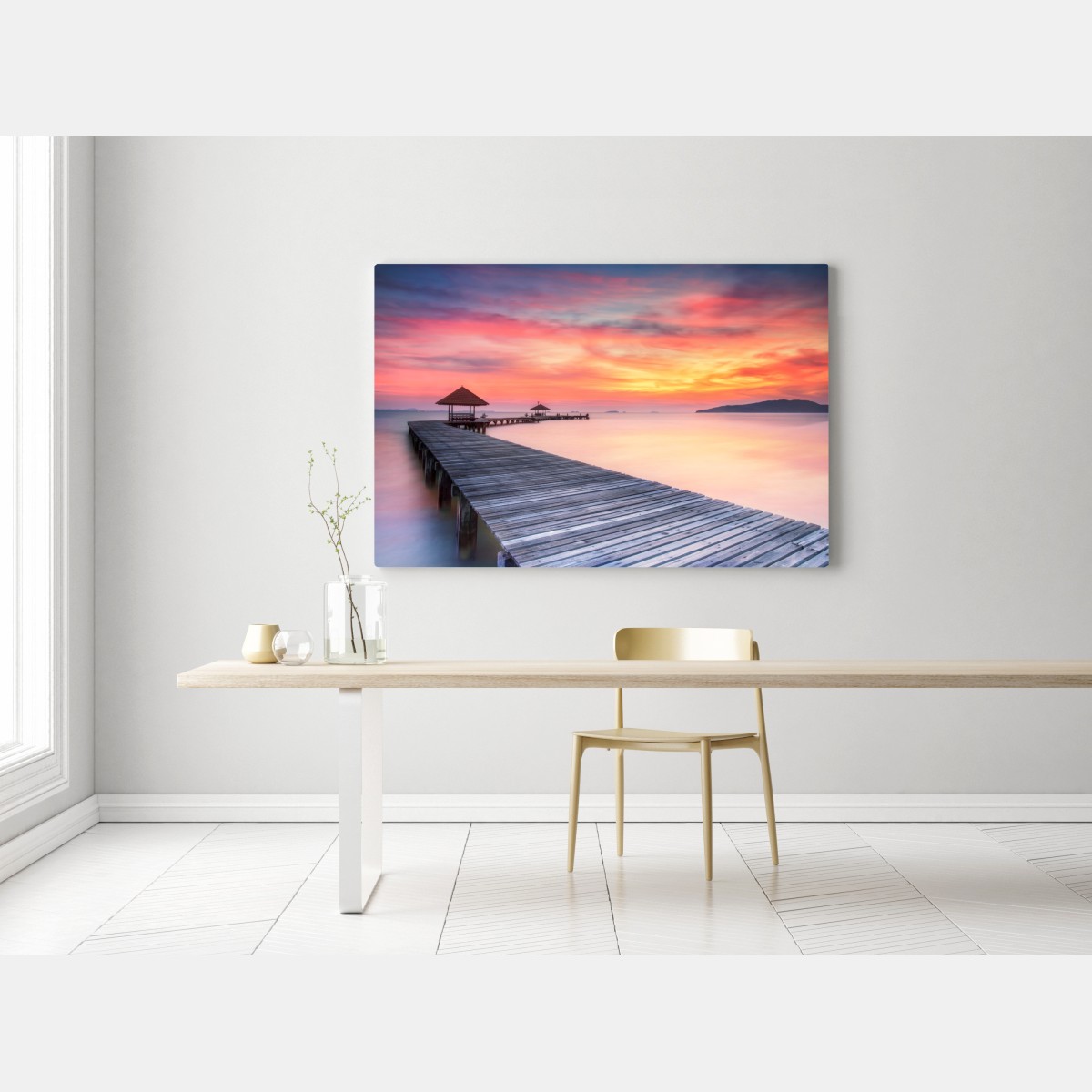 Obraz na płótnie spokojny wschód słońca nad drewnianym molo – Wallissimo® Obraz na płótnie spokojny wschód słońca nad drewnianym molo – Wallissimo®