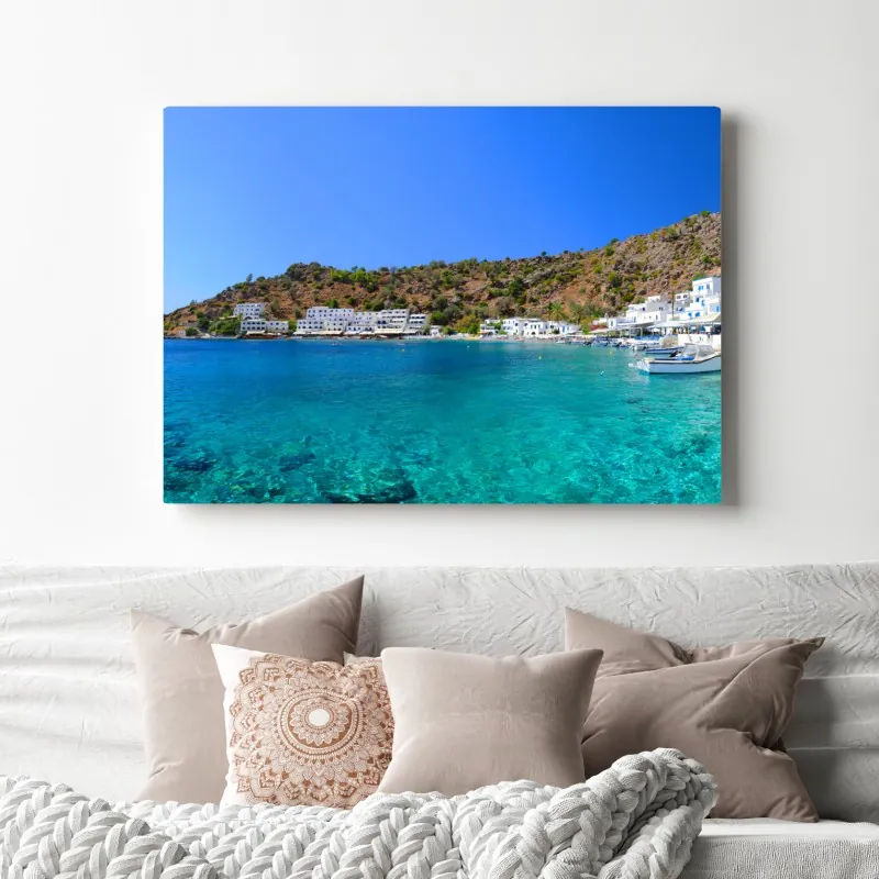 Obraz na płótnie słoneczna zatoka śródziemnomorska z turkusową wodą – Wallissimo® Obraz na płótnie słoneczna zatoka śródziemnomorska z turkusową wodą – Wallissimo®