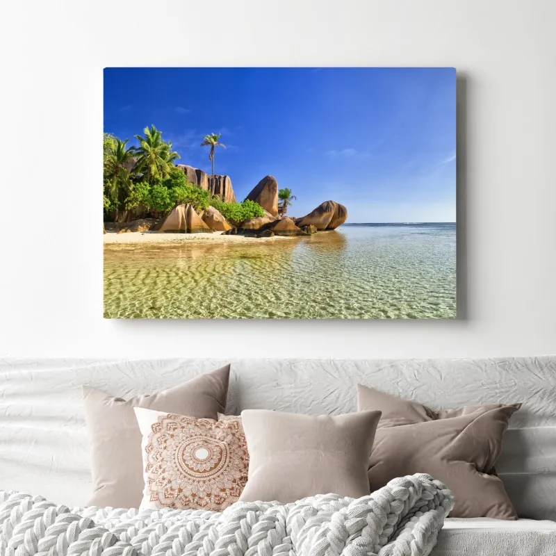 Obraz na płótnie tropikalna plaża z granitowymi głazami i klarowną wodą – Wallissimo® Obraz na płótnie tropikalna plaża z granitowymi głazami i klarowną wodą – Wallissimo®
