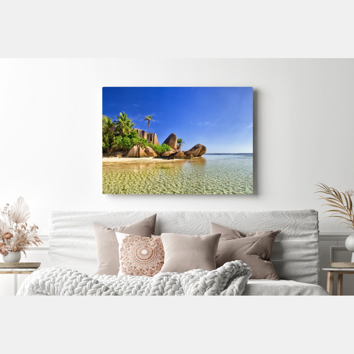 Obraz na płótnie tropikalna plaża z granitowymi głazami i klarowną wodą – Wallissimo® Obraz na płótnie tropikalna plaża z granitowymi głazami i klarowną wodą – Wallissimo®