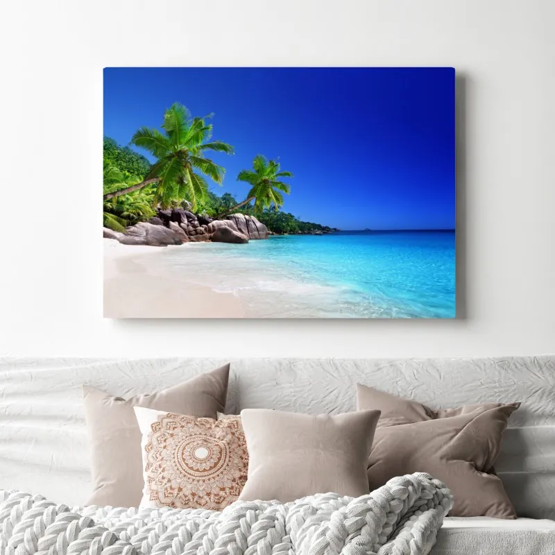 Obraz na płótnie tropikalna plaża z turkusową wodą i palmami – Wallissimo® Obraz na płótnie tropikalna plaża z turkusową wodą i palmami – Wallissimo®