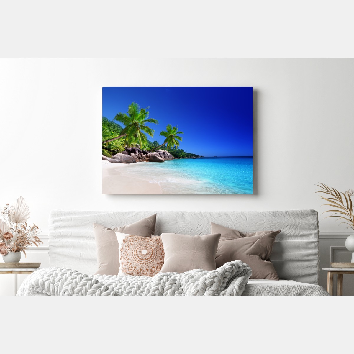 Obraz na płótnie tropikalna plaża z turkusową wodą i palmami – Wallissimo® Obraz na płótnie tropikalna plaża z turkusową wodą i palmami – Wallissimo®