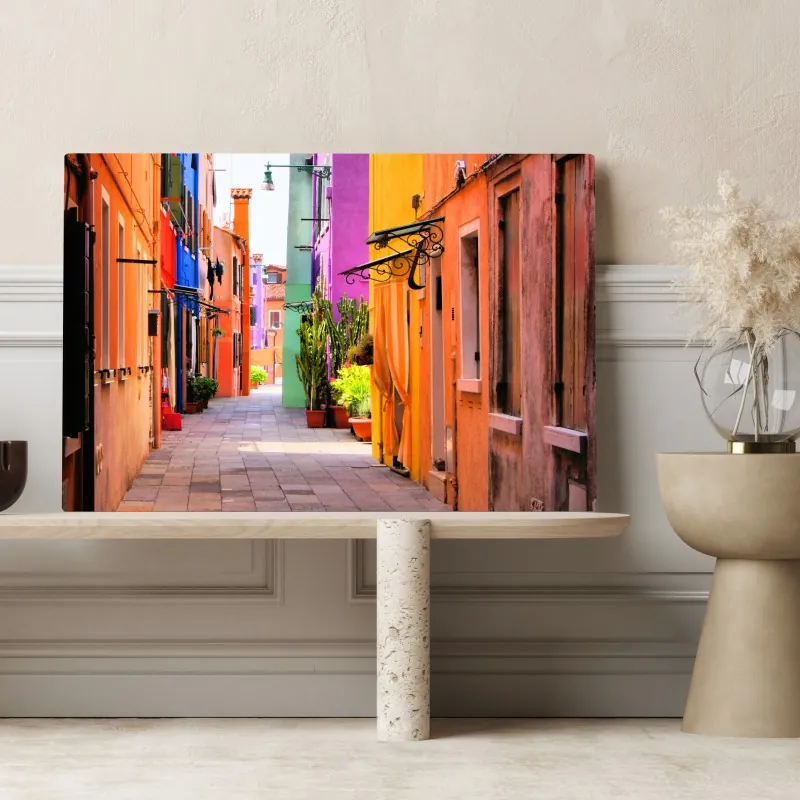 Obraz na płótnie kolorowa śródziemnomorska uliczka – Wallissimo® Obraz na płótnie kolorowa śródziemnomorska uliczka – Wallissimo®