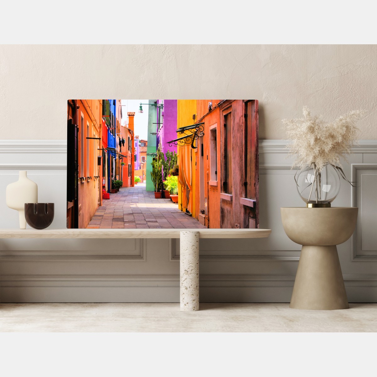 Obraz na płótnie kolorowa śródziemnomorska uliczka – Wallissimo® Obraz na płótnie kolorowa śródziemnomorska uliczka – Wallissimo®