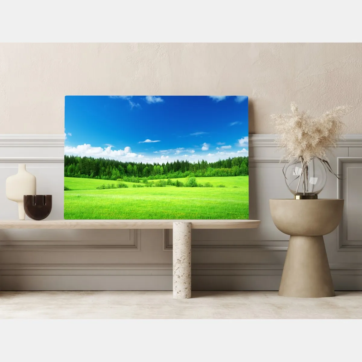 Obraz na płótnie wiosenna łąka pod błękitnym niebem – Wallissimo® Obraz na płótnie wiosenna łąka pod błękitnym niebem – Wallissimo®