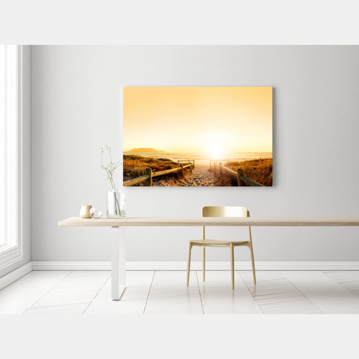 Obraz na płótnie złota panorama zachodu słońca nad plażą z Górą Stołową – Wallissimo® Obraz na płótnie złota panorama zachodu słońca nad plażą z Górą Stołową – Wallissimo®