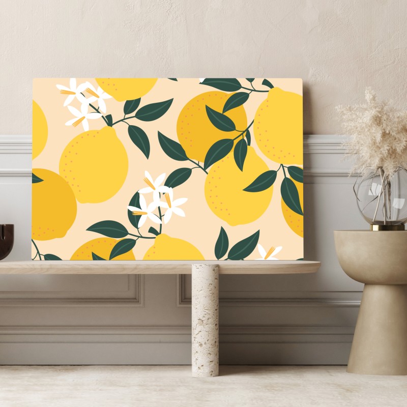 Obraz na płótnie jasny wzór z cytrynami i kwiatami – Wallissimo® Obraz na płótnie jasny wzór z cytrynami i kwiatami – Wallissimo®