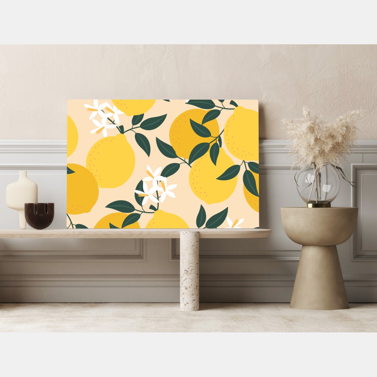 Obraz na płótnie jasny wzór z cytrynami i kwiatami – Wallissimo® Obraz na płótnie jasny wzór z cytrynami i kwiatami – Wallissimo®