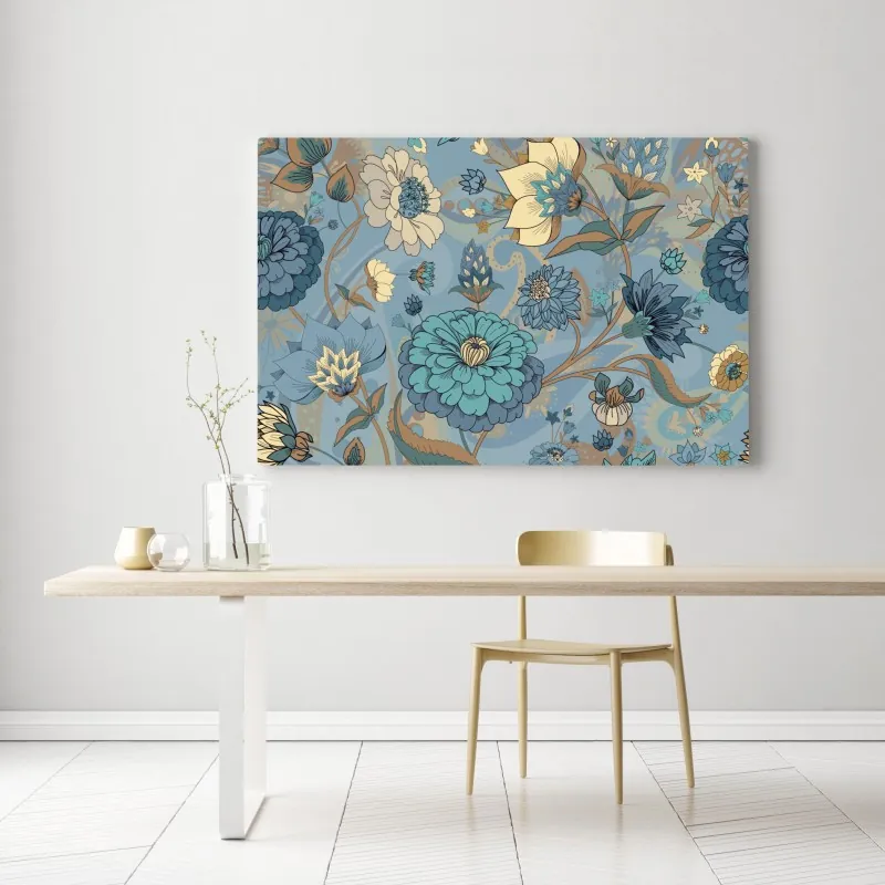 Obraz na płótnie wzór kwiatowy w stonowanych niebiesko-beżowych odcieniach – Wallissimo® Obraz na płótnie wzór kwiatowy w stonowanych niebiesko-beżowych odcieniach – Wallissimo®