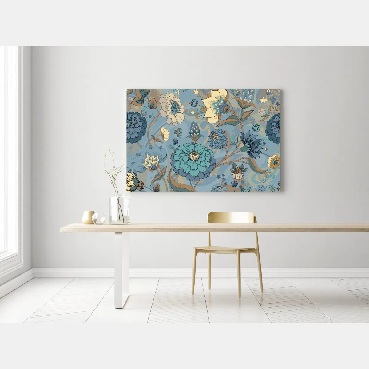 Obraz na płótnie wzór kwiatowy w stonowanych niebiesko-beżowych odcieniach – Wallissimo® Obraz na płótnie wzór kwiatowy w stonowanych niebiesko-beżowych odcieniach – Wallissimo®