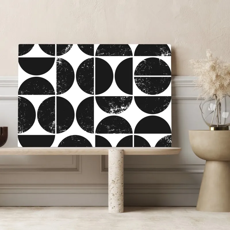 Obraz na płótnie czarny geometryczny wzór z kół i półkół – Wallissimo® Obraz na płótnie czarny geometryczny wzór z kół i półkół – Wallissimo®