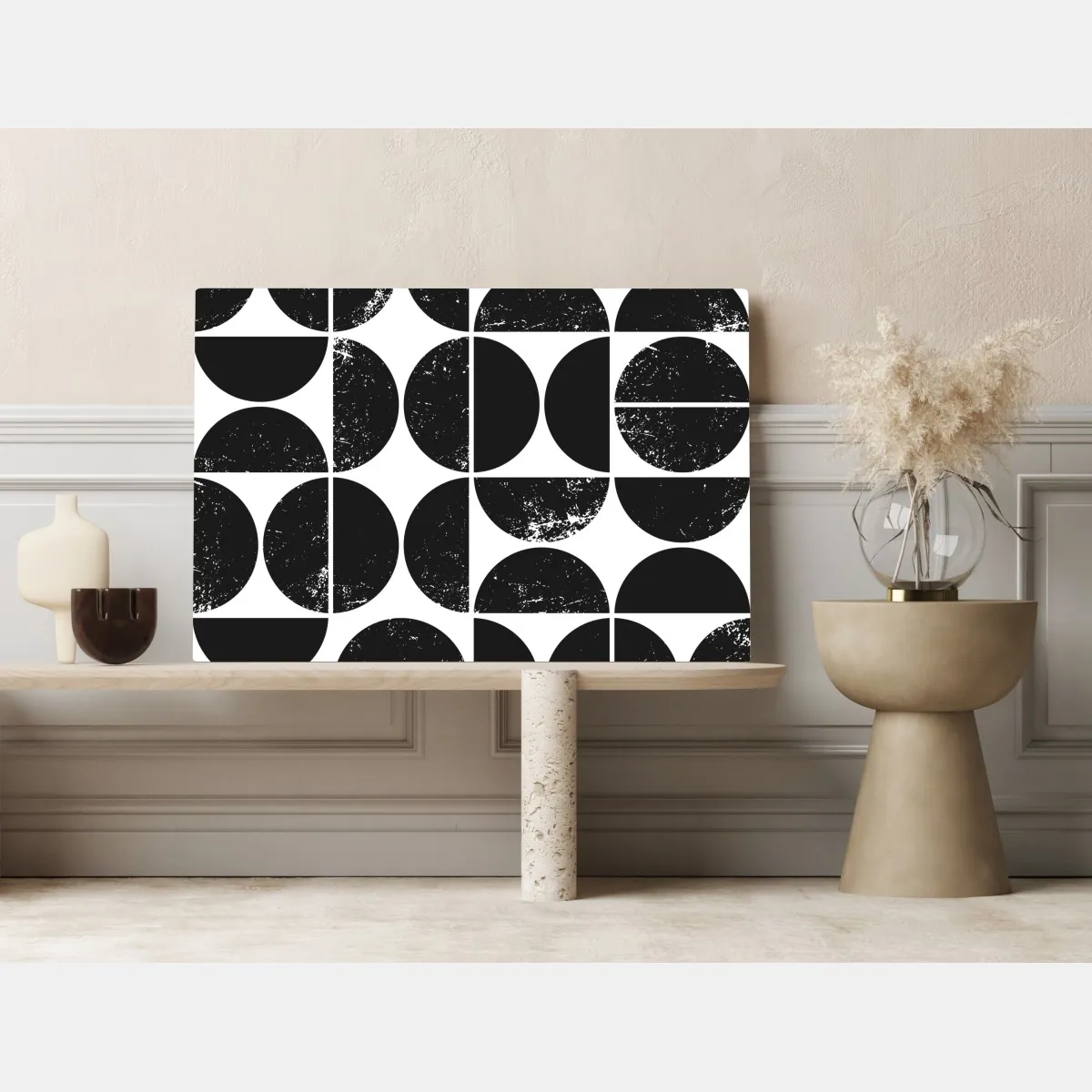 Obraz na płótnie czarny geometryczny wzór z kół i półkół – Wallissimo® Obraz na płótnie czarny geometryczny wzór z kół i półkół – Wallissimo®