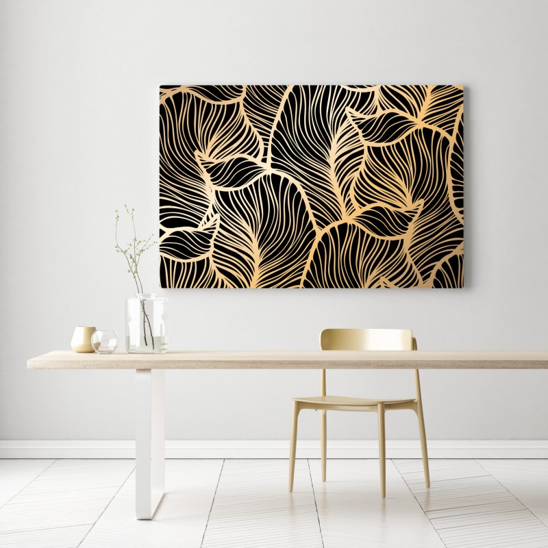 Obraz na płótnie złoty wzór liści na czarnym tle – Wallissimo® Obraz na płótnie złoty wzór liści na czarnym tle – Wallissimo®