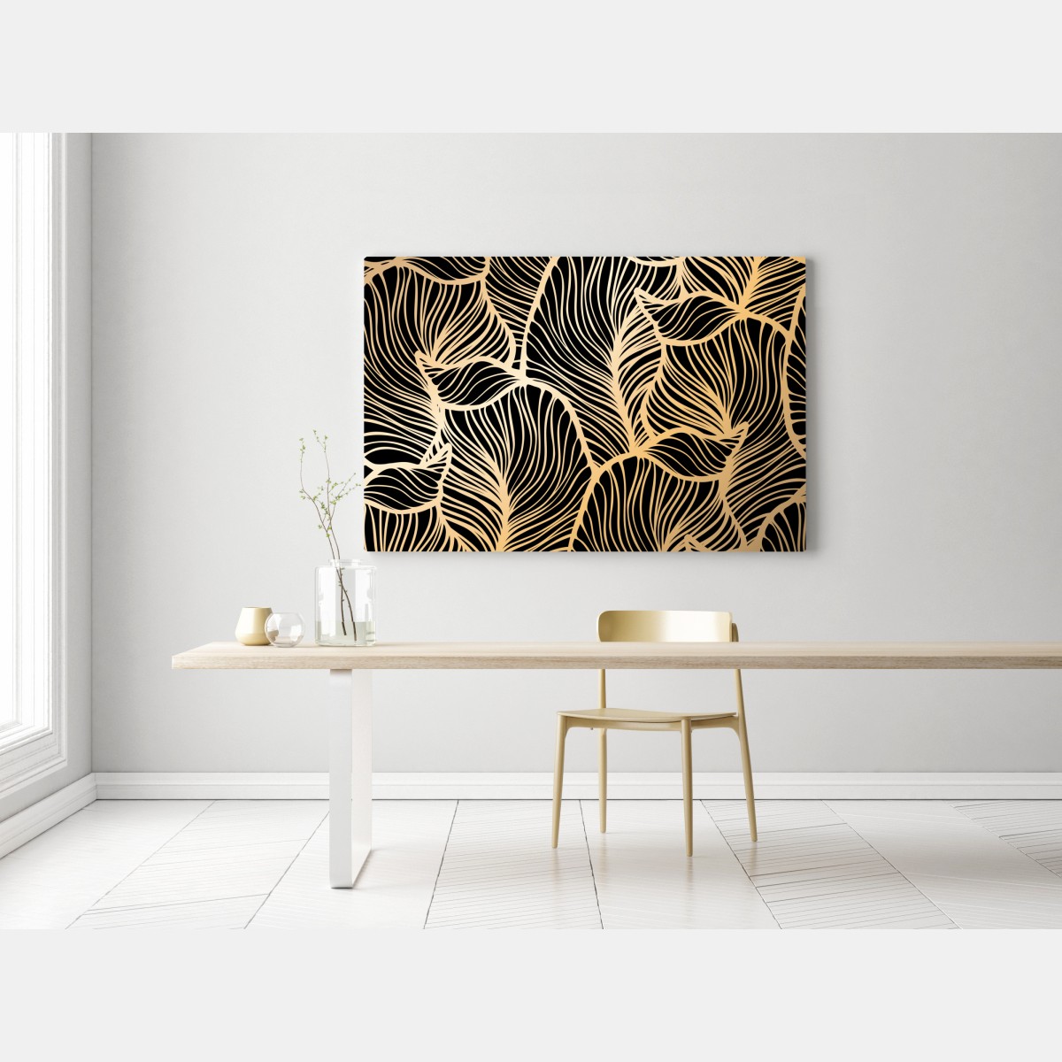 Obraz na płótnie złoty wzór liści na czarnym tle – Wallissimo® Obraz na płótnie złoty wzór liści na czarnym tle – Wallissimo®