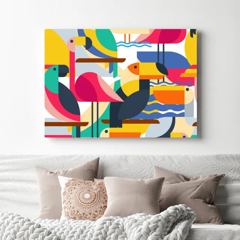 Obraz na płótnie tropikalny geometryczny wzór ptaków – Wallissimo® Obraz na płótnie tropikalny geometryczny wzór ptaków – Wallissimo®