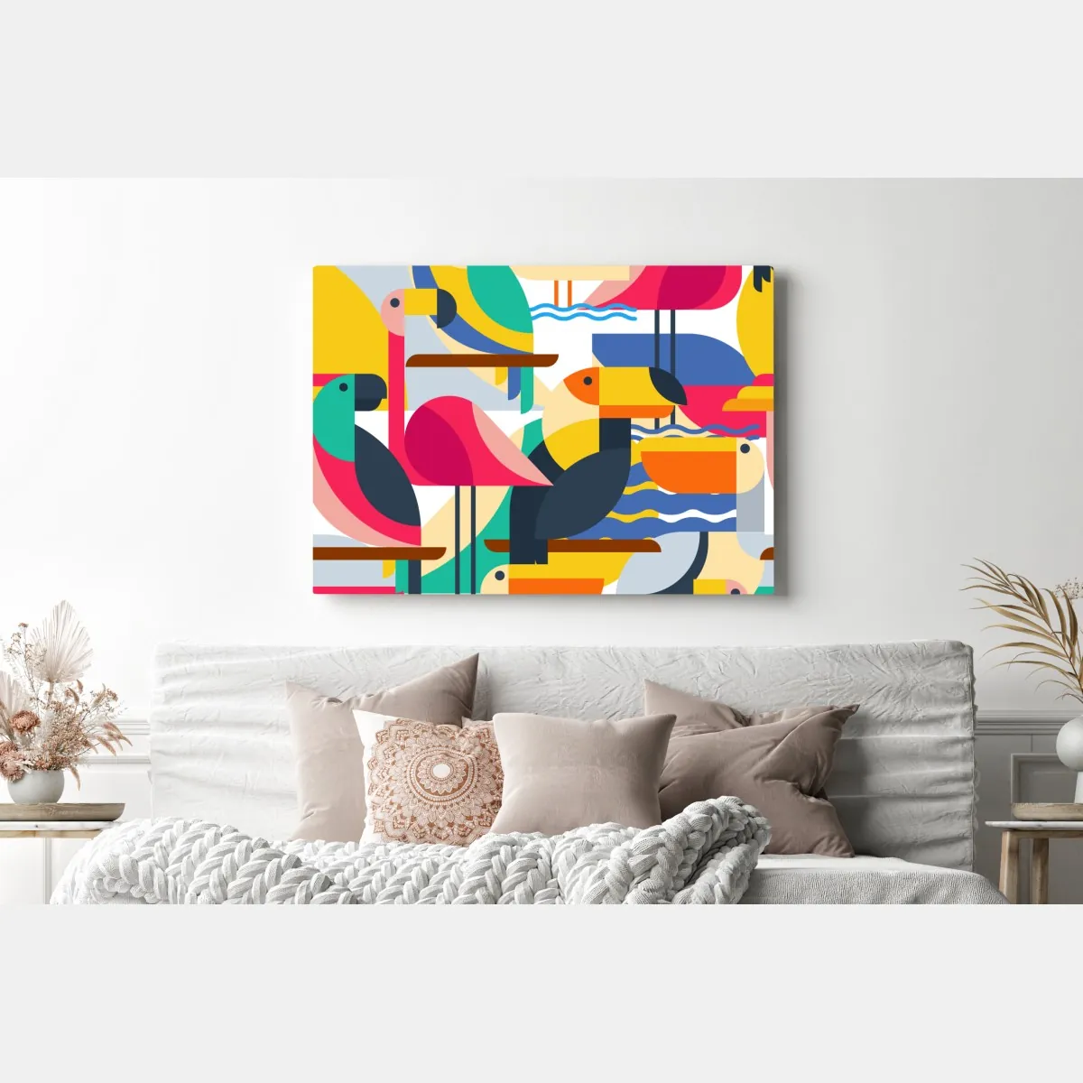 Obraz na płótnie tropikalny geometryczny wzór ptaków – Wallissimo® Obraz na płótnie tropikalny geometryczny wzór ptaków – Wallissimo®
