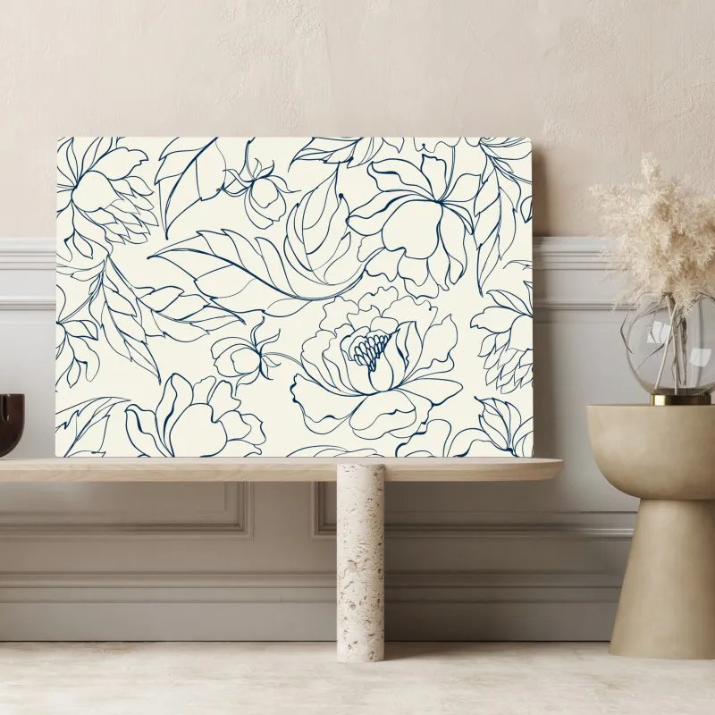 Obraz na płótnie ręcznie rysowany granatowy wzór kwiatowy na kremowym tle – Wallissimo® Obraz na płótnie ręcznie rysowany granatowy wzór kwiatowy na kremowym tle – Wallissimo®