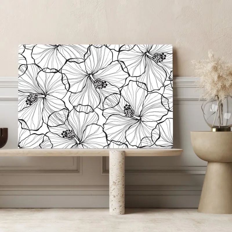 Obraz na płótnie czarno-biały hibiskus w stylu line art – Wallissimo® Obraz na płótnie czarno-biały hibiskus w stylu line art – Wallissimo®