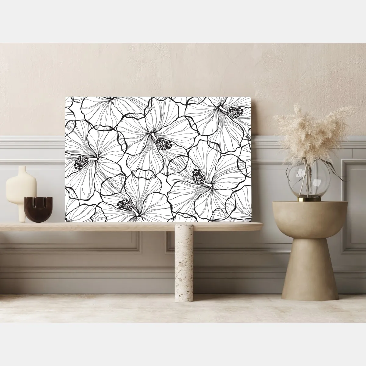 Obraz na płótnie czarno-biały hibiskus w stylu line art – Wallissimo® Obraz na płótnie czarno-biały hibiskus w stylu line art – Wallissimo®