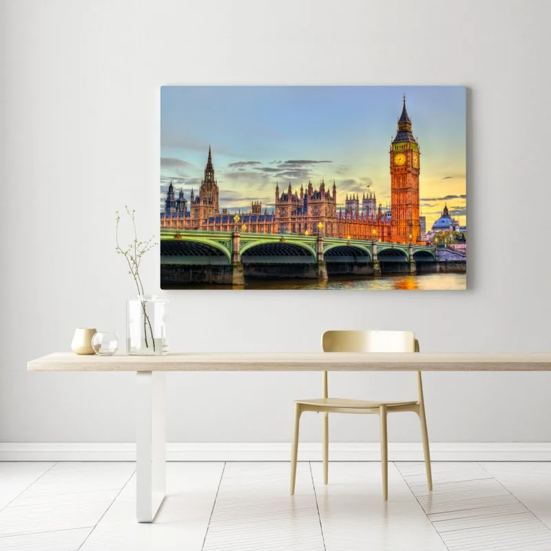 Obraz na płótnie zachód słońca nad Londynem: Big Ben i Pałac Westminsterski – Wallissimo® Obraz na płótnie zachód słońca nad Londynem: Big Ben i Pałac Westminsterski – Wallissimo®