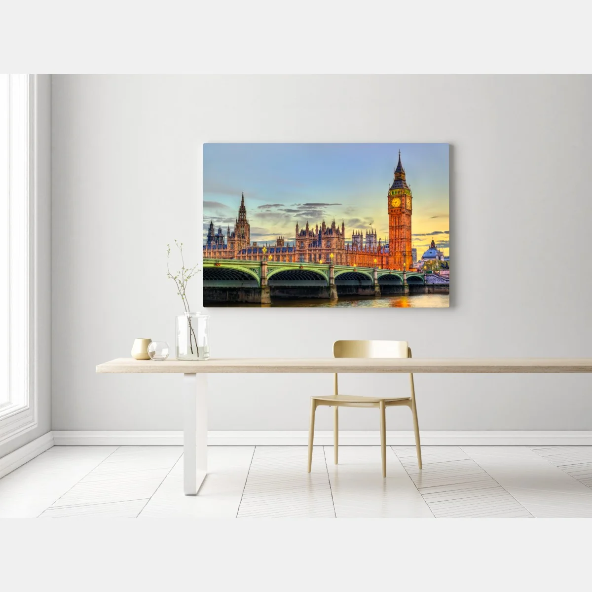 Obraz na płótnie zachód słońca nad Londynem: Big Ben i Pałac Westminsterski – Wallissimo® Obraz na płótnie zachód słońca nad Londynem: Big Ben i Pałac Westminsterski – Wallissimo®