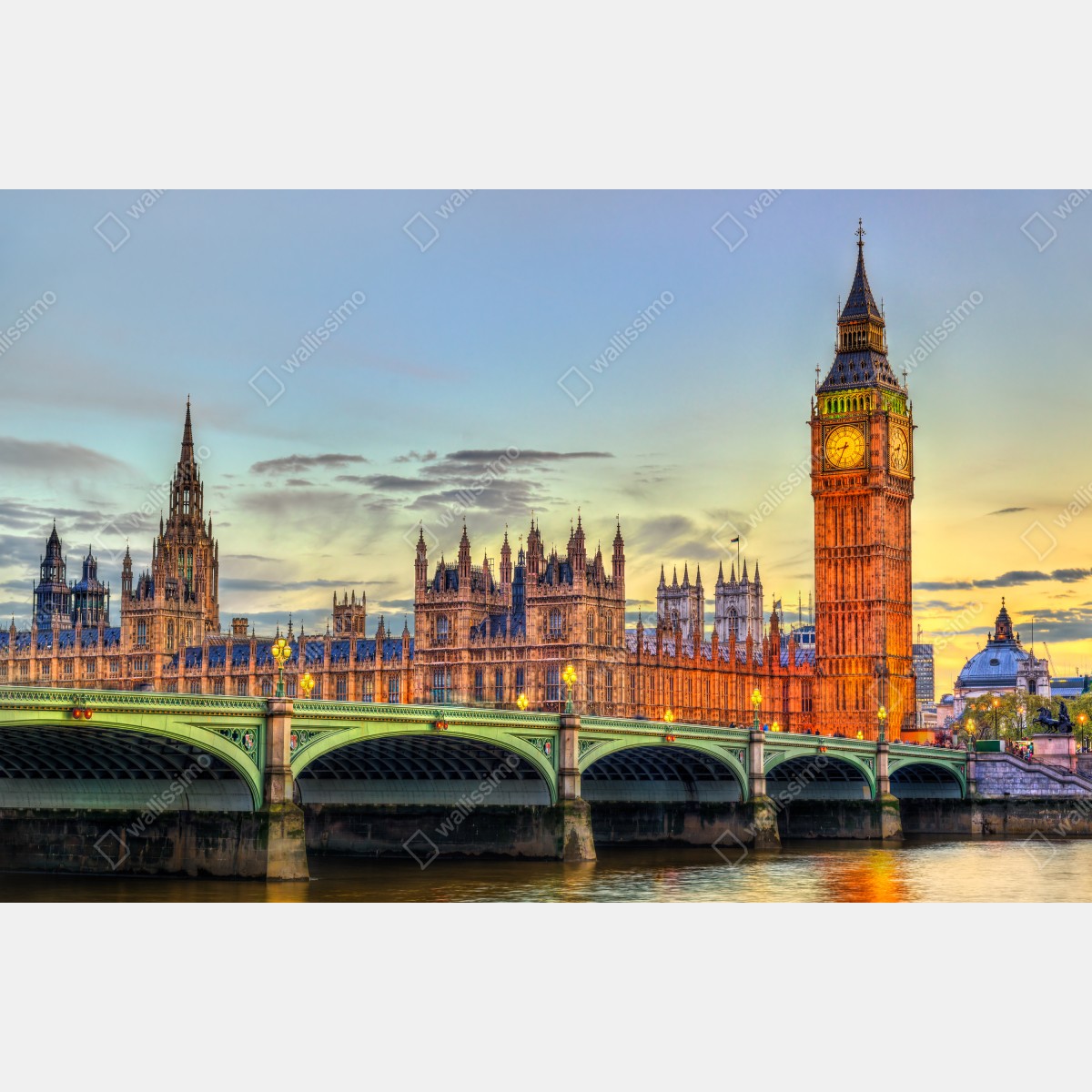 Obraz na płótnie zachód słońca nad Londynem: Big Ben i Pałac Westminsterski – Wallissimo® Obraz na płótnie zachód słońca nad Londynem: Big Ben i Pałac Westminsterski – Wallissimo®