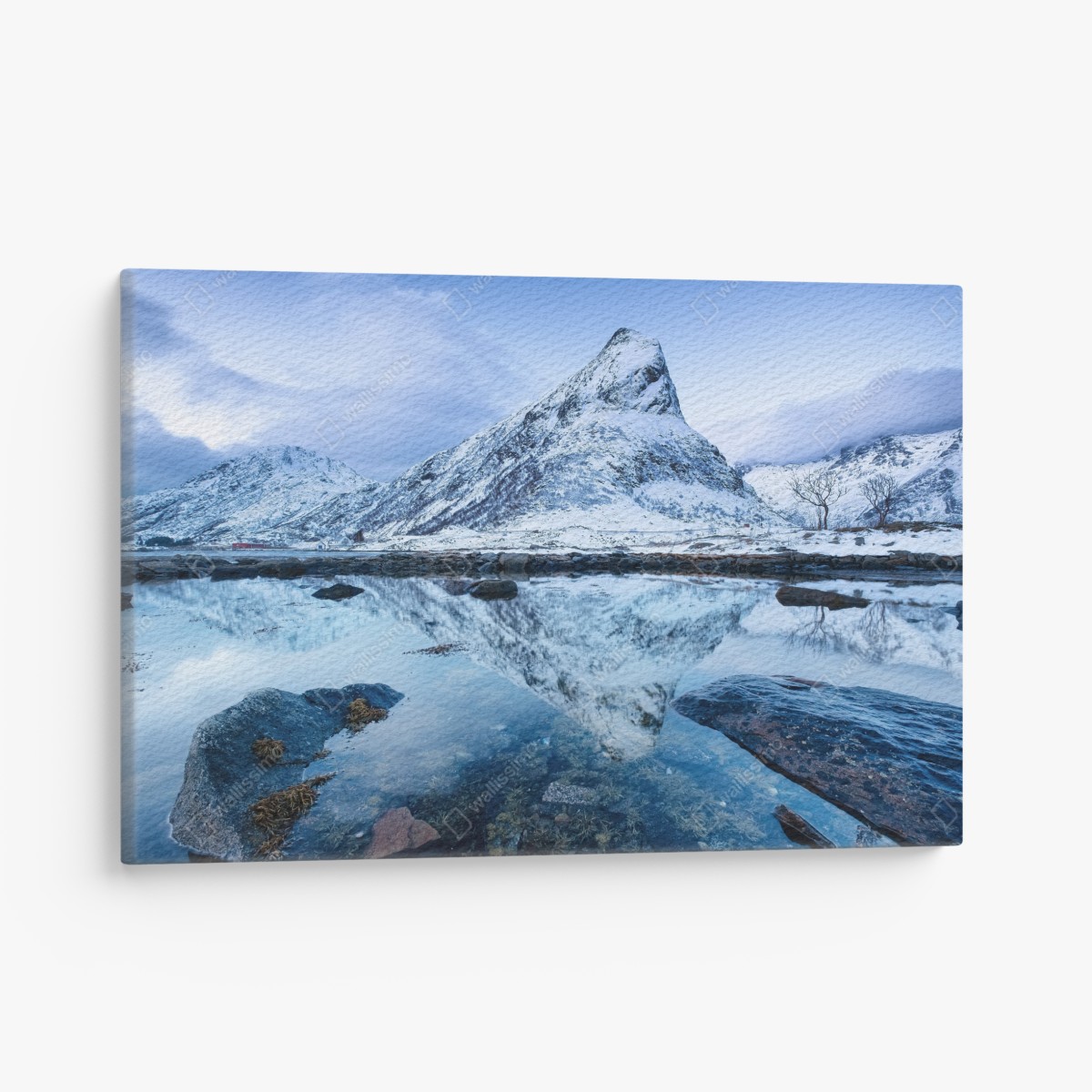 Canvas print snowy peak mirrored on calm water, Norway