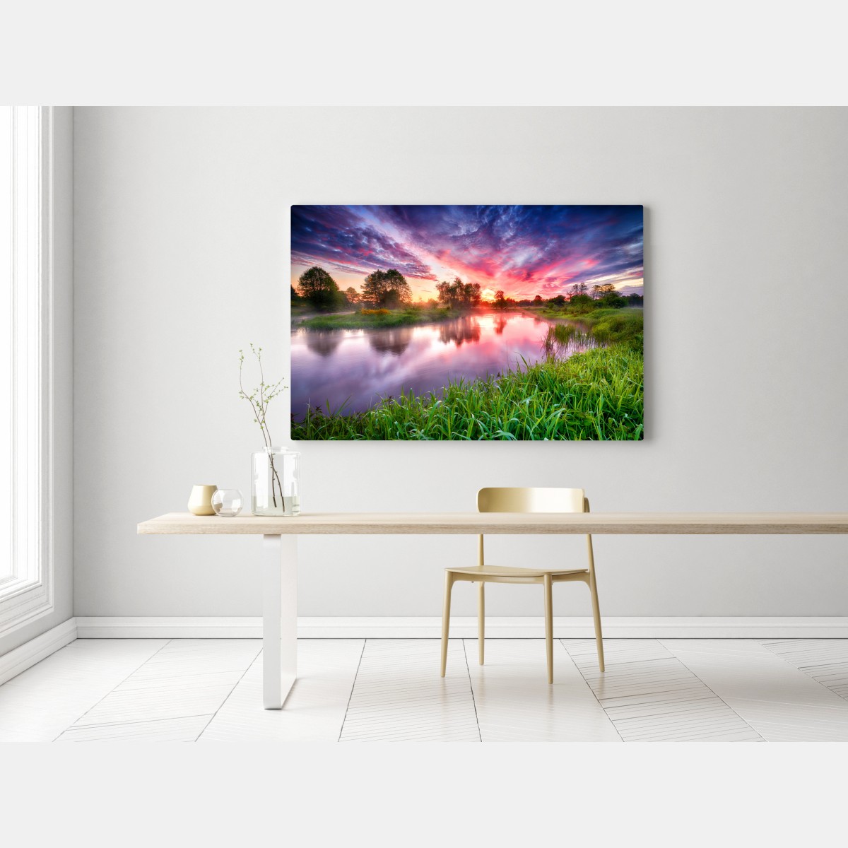 Obraz na płótnie spokojny letni wschód słońca nad brzegiem rzeki – Wallissimo® Obraz na płótnie spokojny letni wschód słońca nad brzegiem rzeki – Wallissimo®