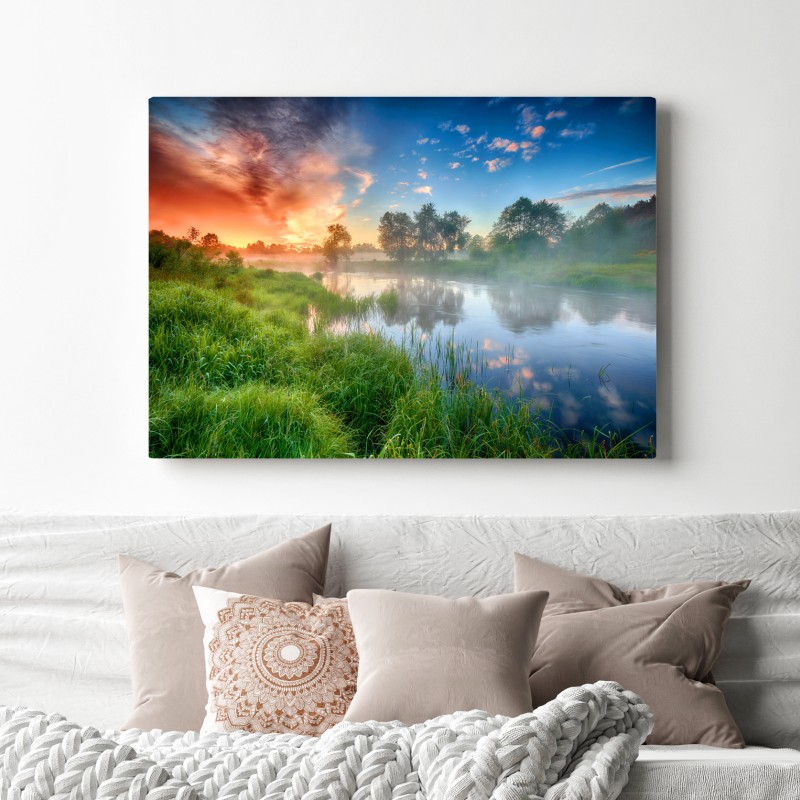 Obraz na płótnie mgła o świcie nad brzegiem rzeki – Wallissimo® Obraz na płótnie mgła o świcie nad brzegiem rzeki – Wallissimo®