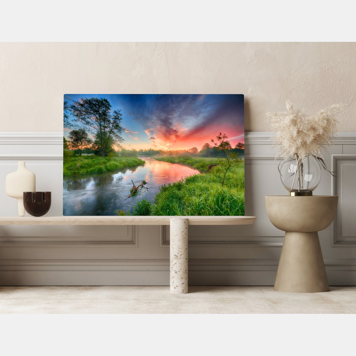 Obraz na płótnie wschód słońca nad mglistą rzeką – Wallissimo® Obraz na płótnie wschód słońca nad mglistą rzeką – Wallissimo®
