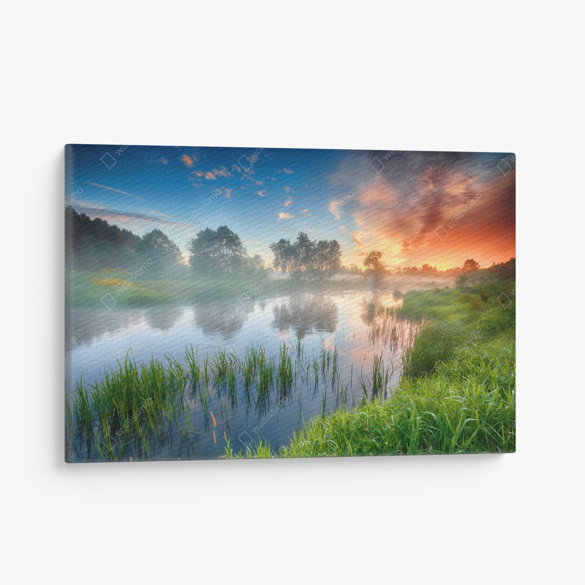 Canvas print misty river sunrise over green banks