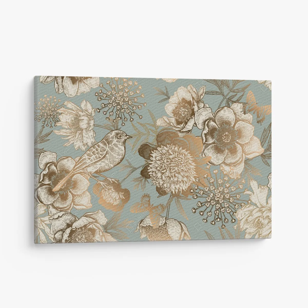 Obraz na płótnie vintage botaniczny motyw kwiatowy z ptakiem – Wallissimo® Obraz na płótnie vintage botaniczny motyw kwiatowy z ptakiem – Wallissimo®