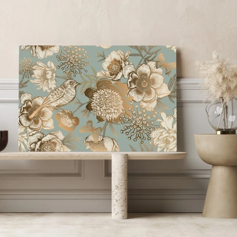 Obraz na płótnie vintage botaniczny motyw kwiatowy z ptakiem – Wallissimo® Obraz na płótnie vintage botaniczny motyw kwiatowy z ptakiem – Wallissimo®