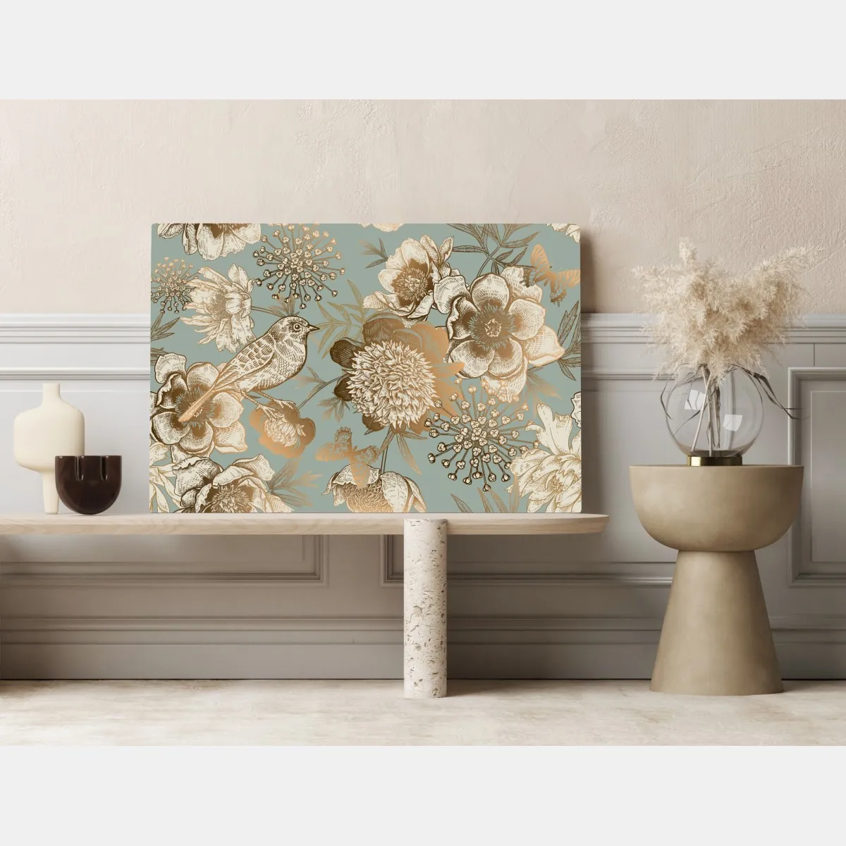 Obraz na płótnie vintage botaniczny motyw kwiatowy z ptakiem – Wallissimo® Obraz na płótnie vintage botaniczny motyw kwiatowy z ptakiem – Wallissimo®