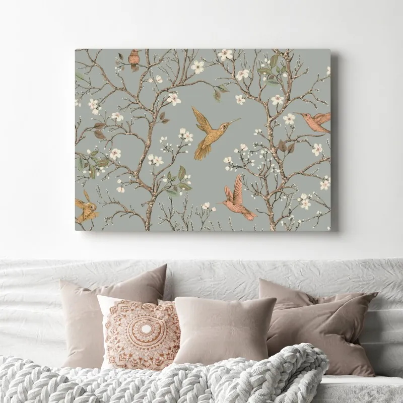 Obraz na płótnie vintage wzór kolibrów i kwiatów – Wallissimo® Obraz na płótnie vintage wzór kolibrów i kwiatów – Wallissimo®