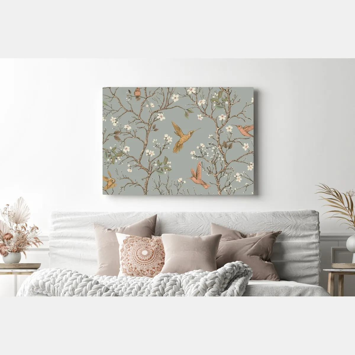 Obraz na płótnie vintage wzór kolibrów i kwiatów – Wallissimo® Obraz na płótnie vintage wzór kolibrów i kwiatów – Wallissimo®