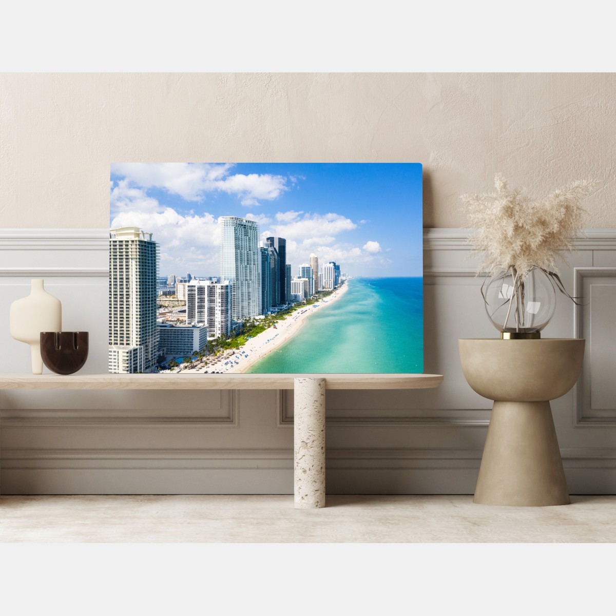 Obraz na płótnie turkusowa linia brzegowa z wieżowcami – Wallissimo® Obraz na płótnie turkusowa linia brzegowa z wieżowcami – Wallissimo®