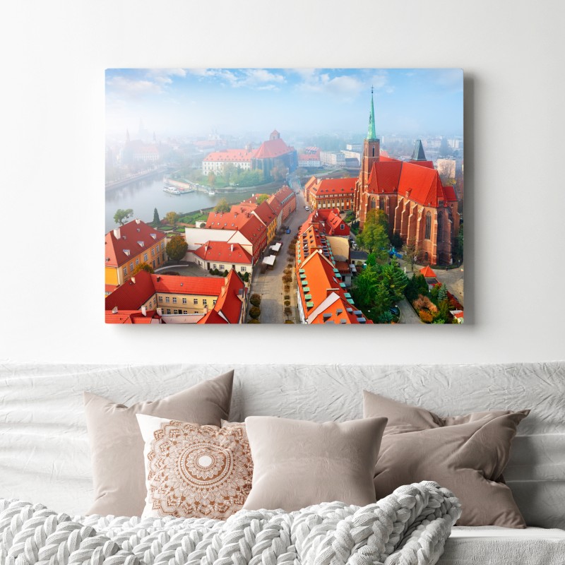 Obraz na płótnie mglista panorama europejskiego miasta z czerwonymi dachami – Wallissimo® Obraz na płótnie mglista panorama europejskiego miasta z czerwonymi dachami – Wallissimo®