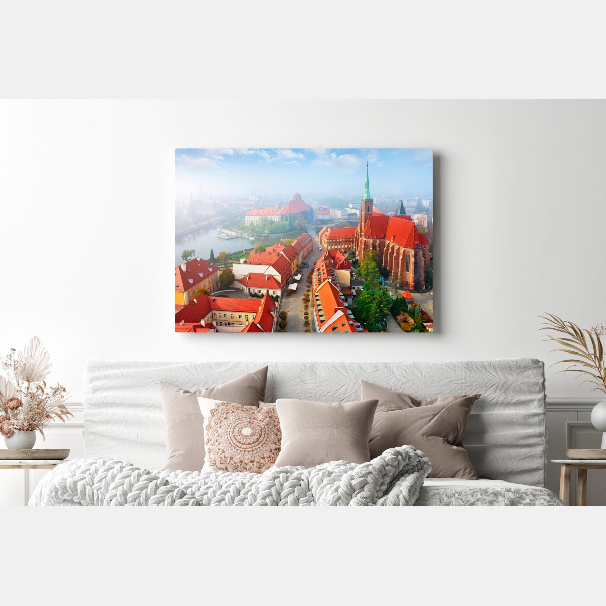 Obraz na płótnie mglista panorama europejskiego miasta z czerwonymi dachami – Wallissimo® Obraz na płótnie mglista panorama europejskiego miasta z czerwonymi dachami – Wallissimo®