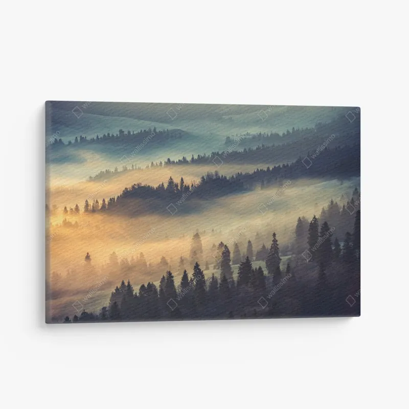 Obraz na płótnie mglisty górski las o wschodzie słońca