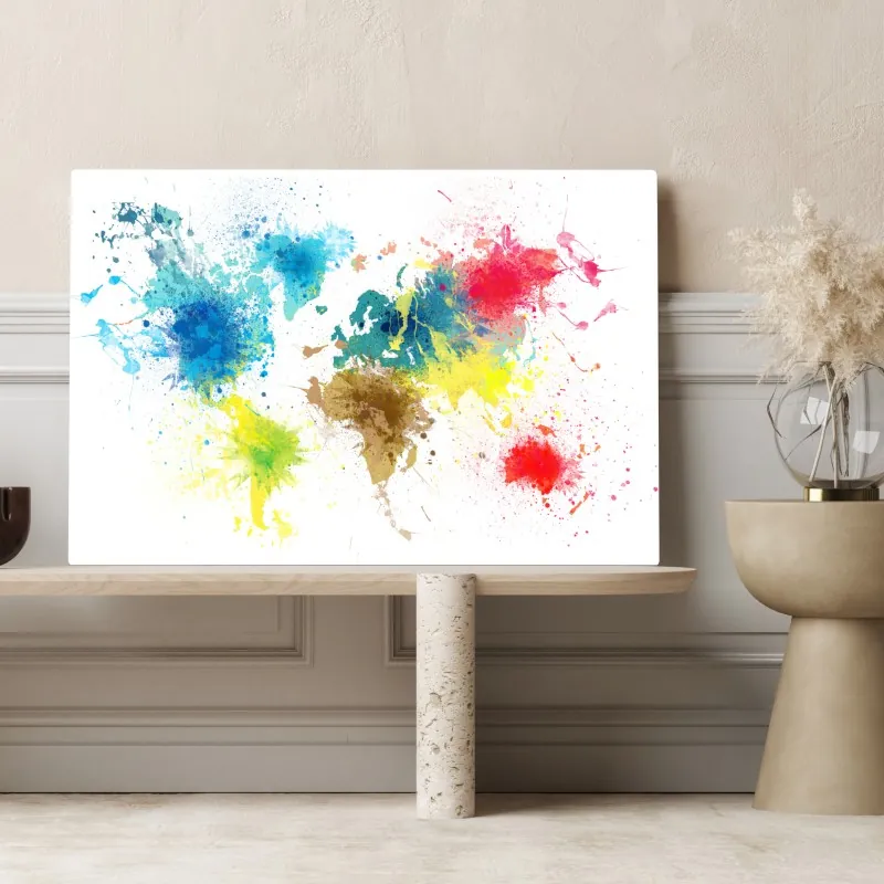 Obraz na płótnie kolorowa mapa świata z plamami farby – Wallissimo® Obraz na płótnie kolorowa mapa świata z plamami farby – Wallissimo®