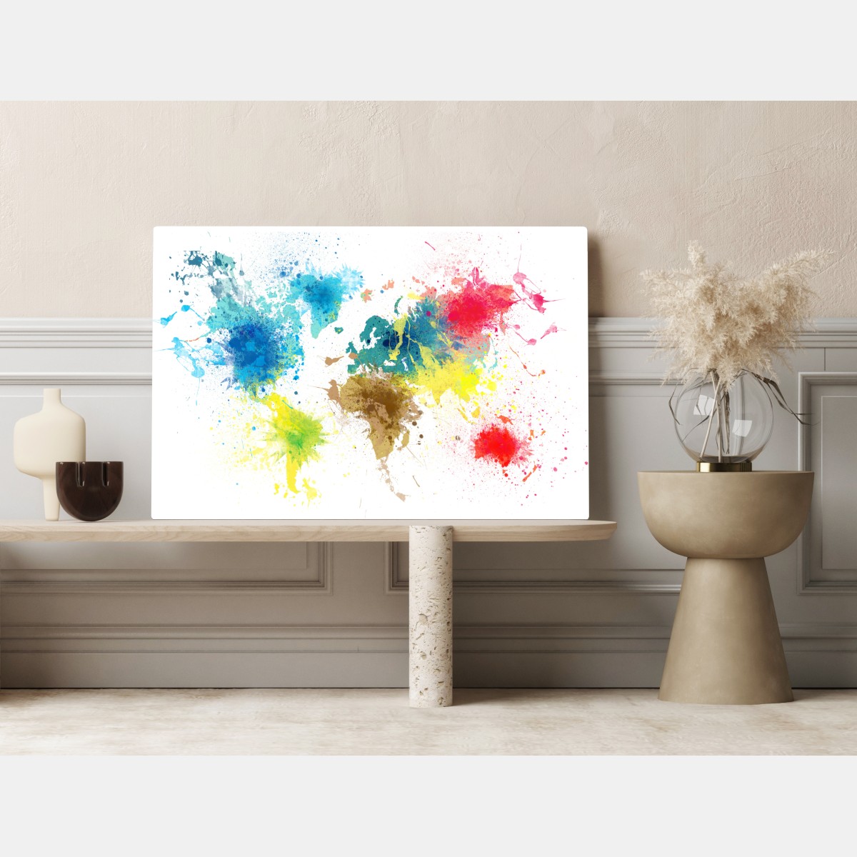 Obraz na płótnie kolorowa mapa świata z plamami farby – Wallissimo® Obraz na płótnie kolorowa mapa świata z plamami farby – Wallissimo®