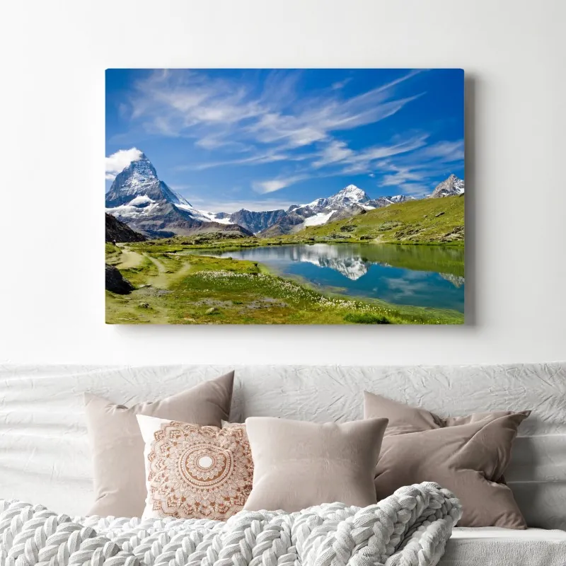 Obraz na płótnie alpejskie jezioro z odbiciem gór – Wallissimo® Obraz na płótnie alpejskie jezioro z odbiciem gór – Wallissimo®