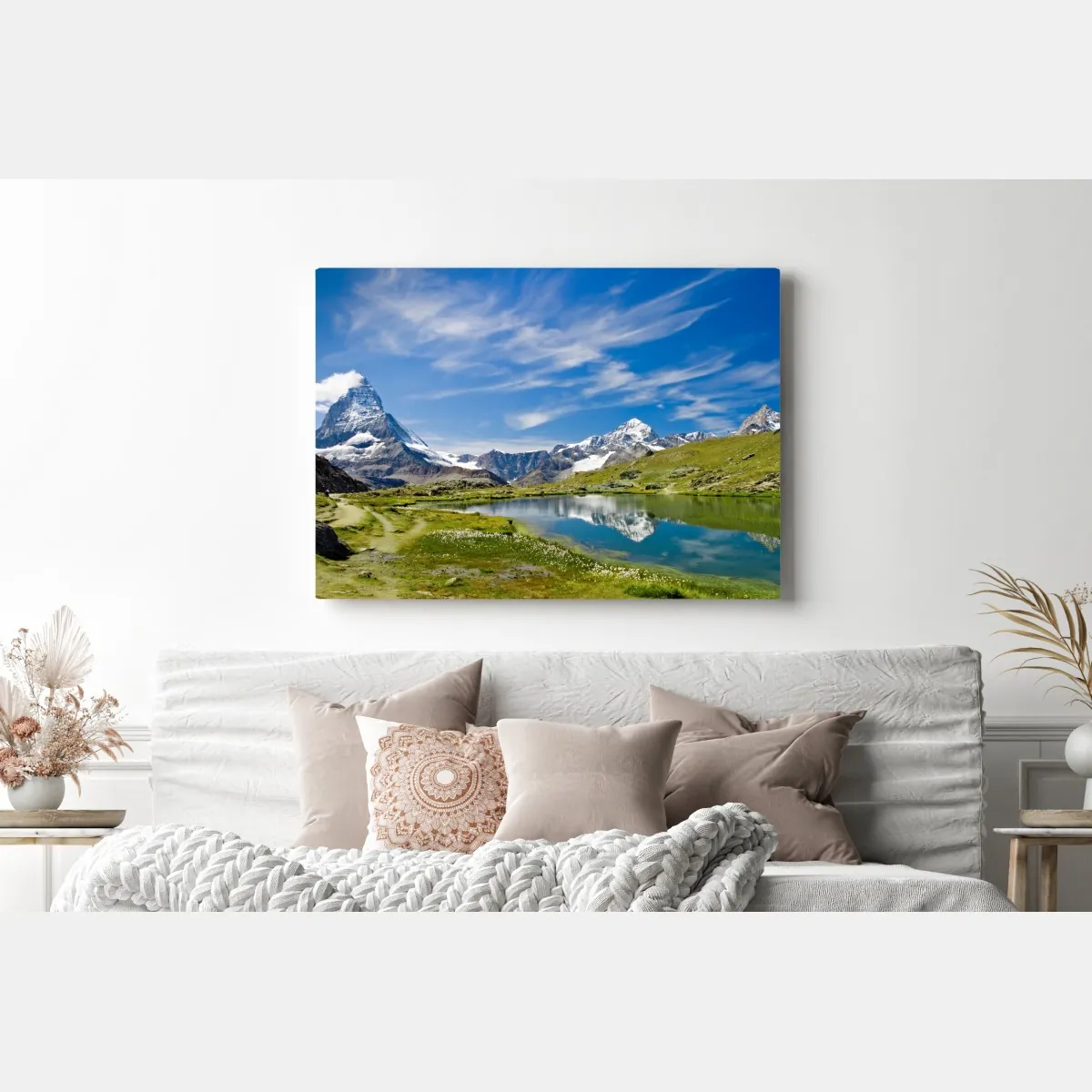 Obraz na płótnie alpejskie jezioro z odbiciem gór – Wallissimo® Obraz na płótnie alpejskie jezioro z odbiciem gór – Wallissimo®