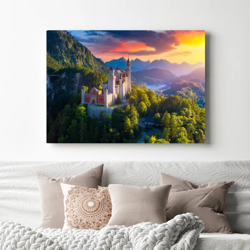 Obraz na płótnie zamek Neuschwanstein o zachodzie słońca – Wallissimo® Obraz na płótnie zamek Neuschwanstein o zachodzie słońca – Wallissimo®