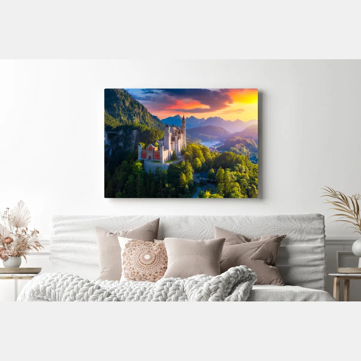 Obraz na płótnie zamek Neuschwanstein o zachodzie słońca – Wallissimo® Obraz na płótnie zamek Neuschwanstein o zachodzie słońca – Wallissimo®